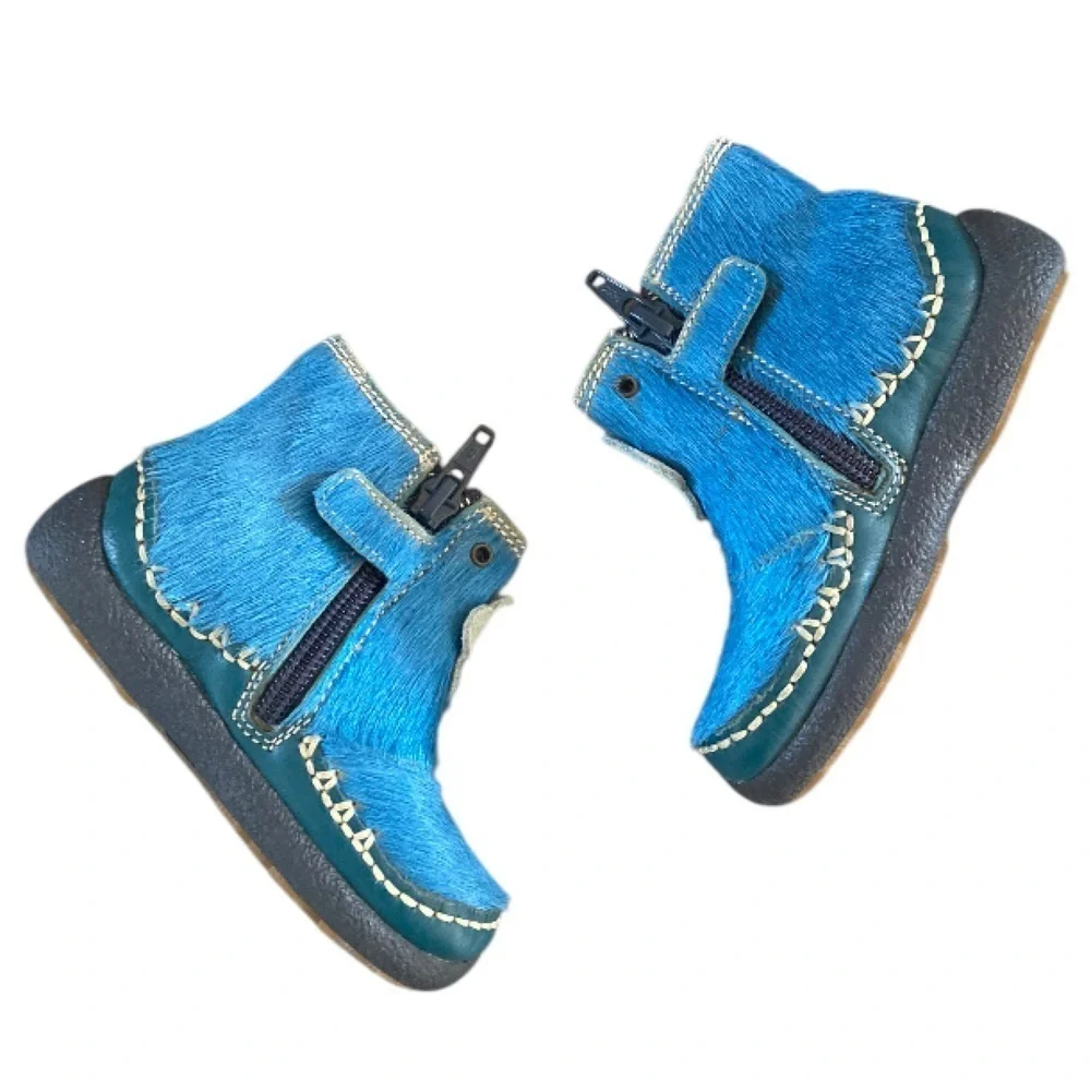 Naturino Toddler Boots Blue Pony Hair Leather Flower Appliqué Sky Blue